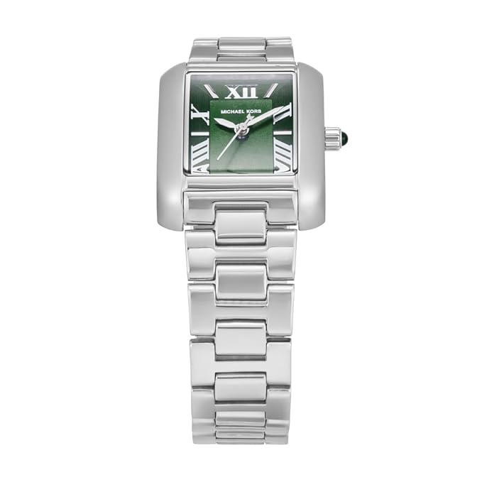 Michael Kors MK4832 watch angled view showing silver bracelet and green dial